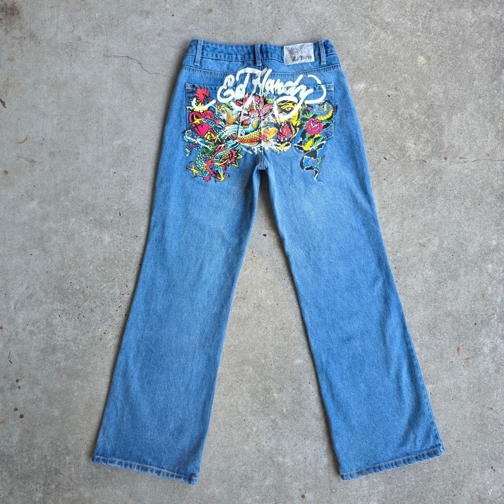 Ed Hardy Jeans Size 28 (30" Waist) Painted Tattoo Dragon Koi Y2K Baggy Low Rise - Picture 2 of 10